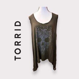 Womens Torrid Olive Green Shark Bite Hem Skull Tee with Sheer Striped Back 1 1